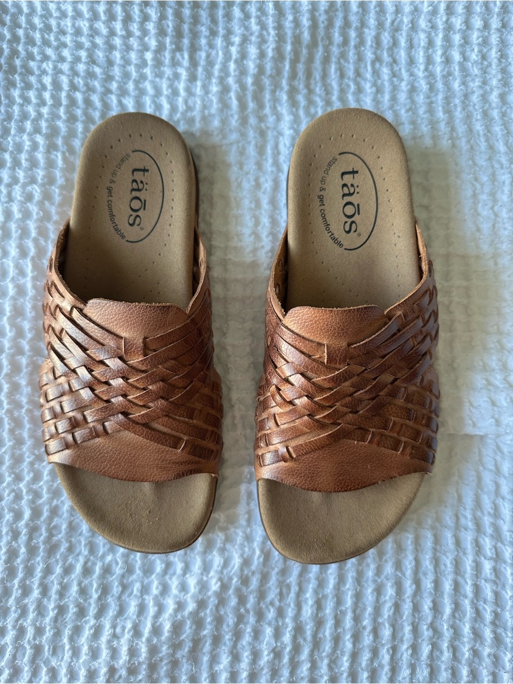 Taos Guru Honey Leather Woven Slide Sandals Women’s Size 7 Comfort Shoes - Picture 2 of 6
